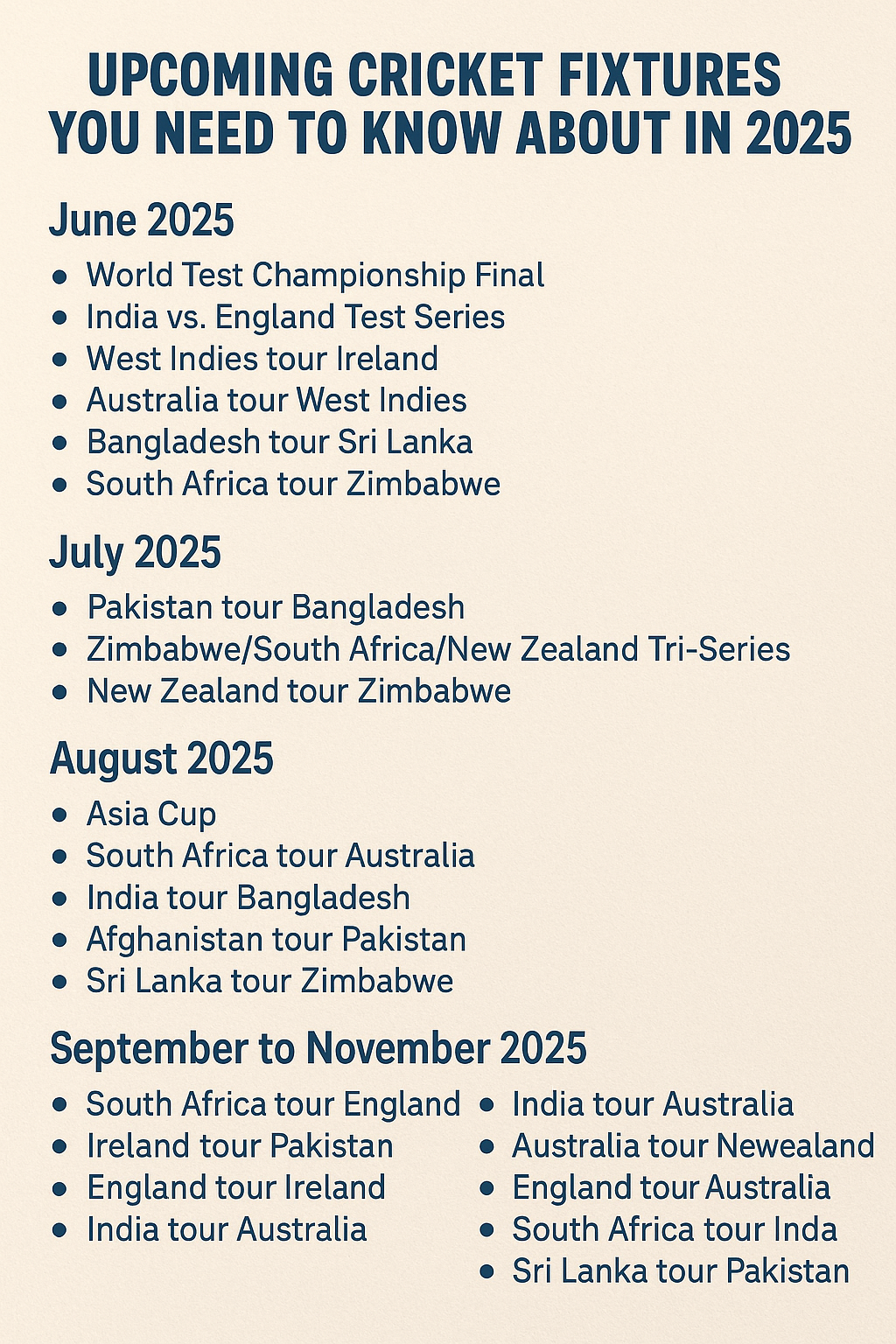 Upcoming Cricket Fixtures You Need to Know About in 2025