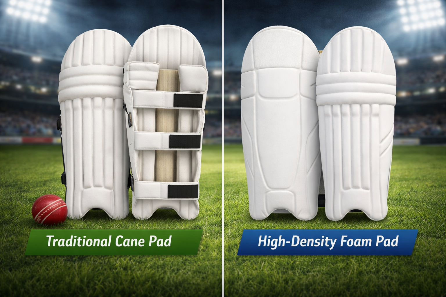 Comparison of different types of cricket pads showing cane and foam construction
