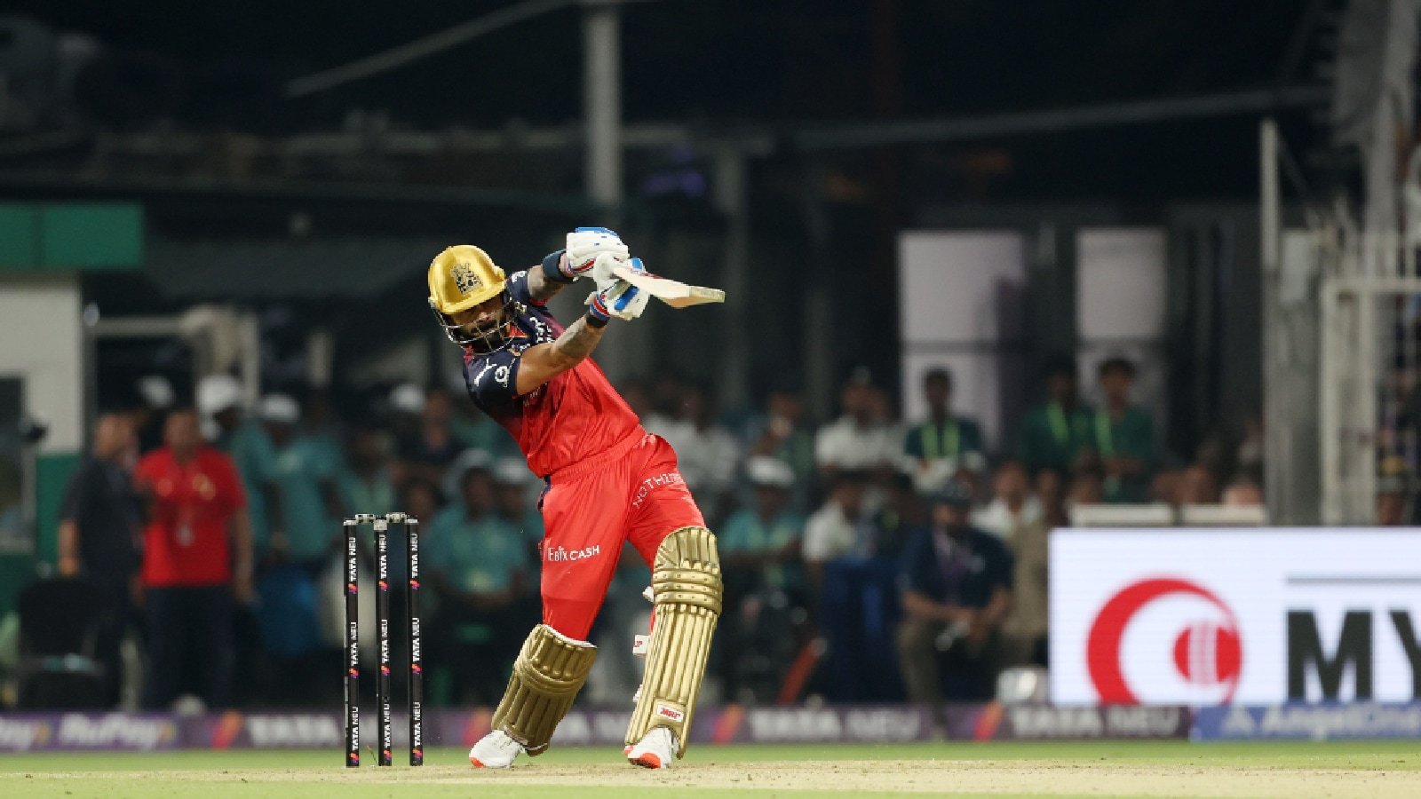 RCB’s Virat Kohli smashes a boundary in IPL 2025.