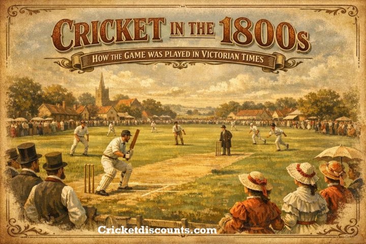 Victorian-era cricket match with players in 1800s attire on a grassy ground